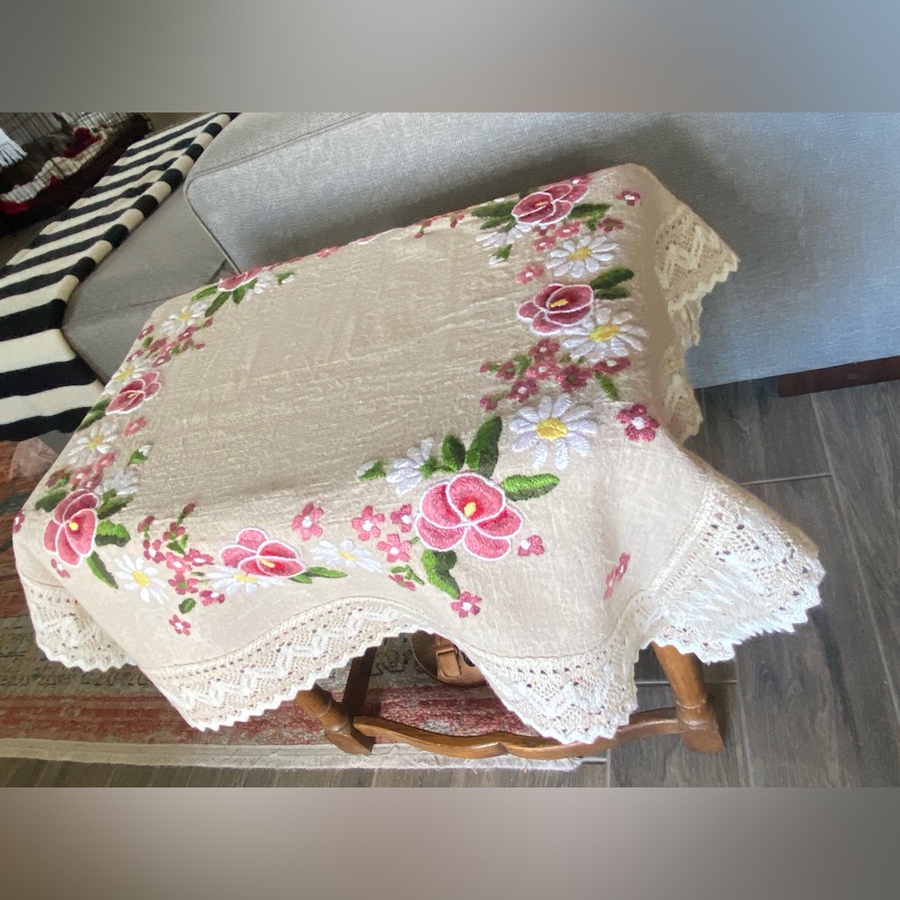 Embroidered Floral Cream Tablecloth with Lace Trim 30”/30” approx.